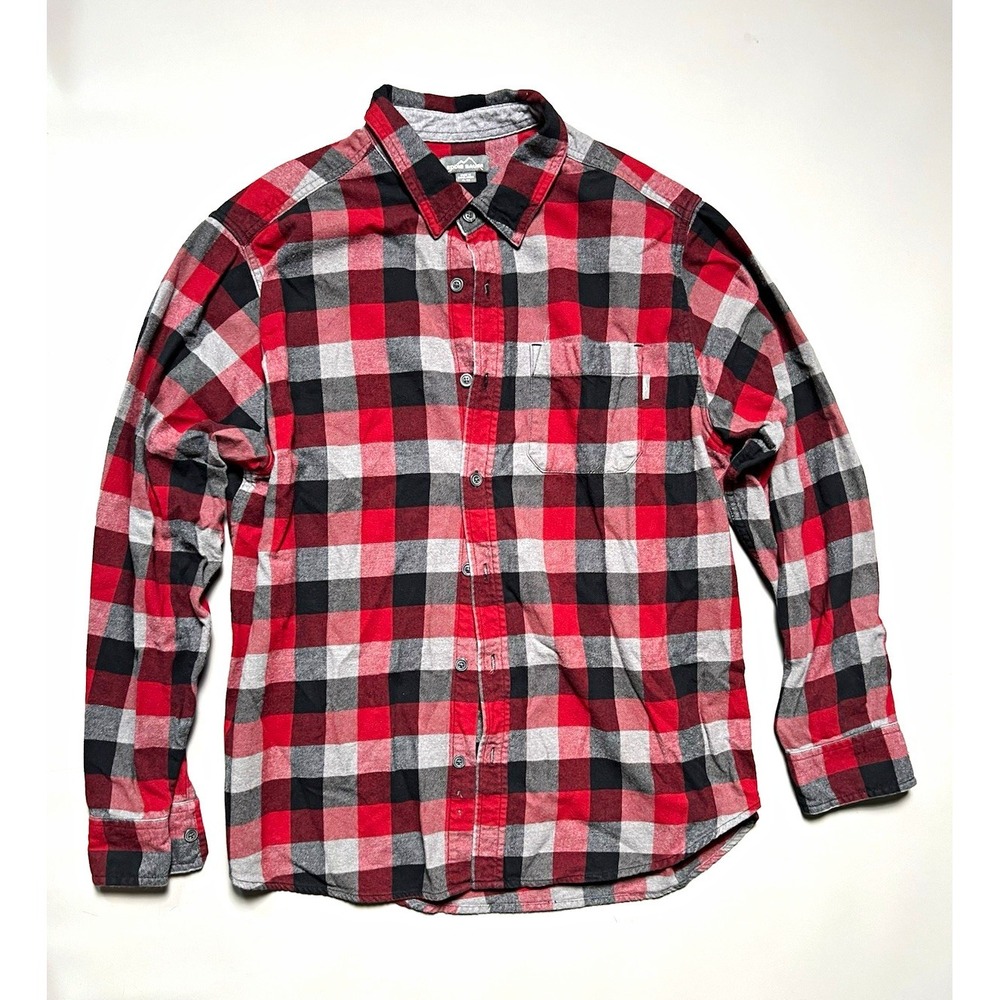 Eddie Bauer Men's L Red Black Gray Plaid Cotton Flannel Button-Up Shirt Pocket